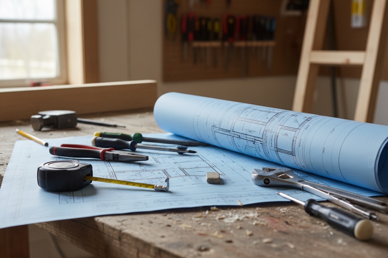 Blueprints, a tape measure, and various hand tools rest on a wooden workbench in a workshop.