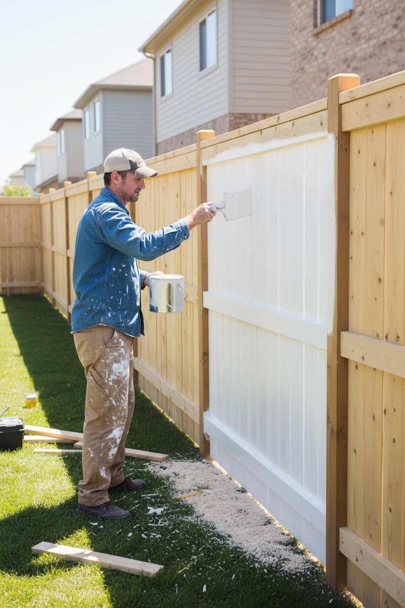 A man wearing a denim shirt and paint-splattered pants uses a brush to paint a wooden fence white in a backyard.