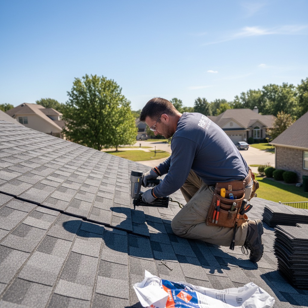 A roofer wearing safety glasses and a tool belt kneels on a residential roof while using a nail gun to install shingles.